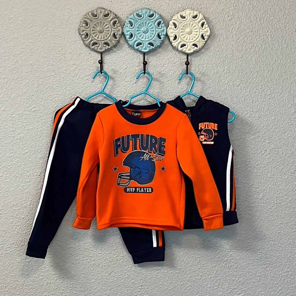 Toddler Boys 4T Navy and Orange Football Theme Outfit Set (brand: Tuff Guys)